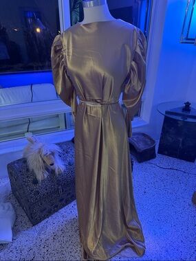 Gold Silk Satin long dress gown with beautiful sleeve detail - Great Gatsby